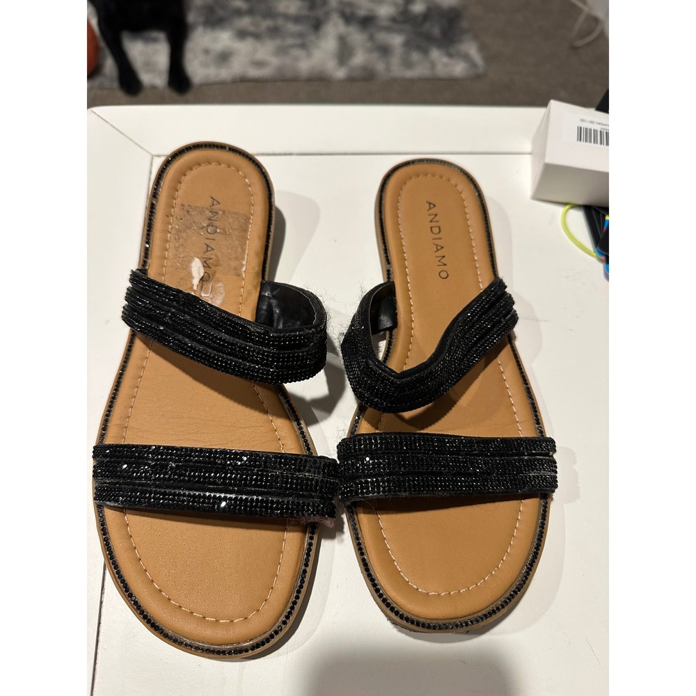 Andiamo Womens Black Rhinestone Double Strap Slide Sandals Flat Summer Shoes 7.5